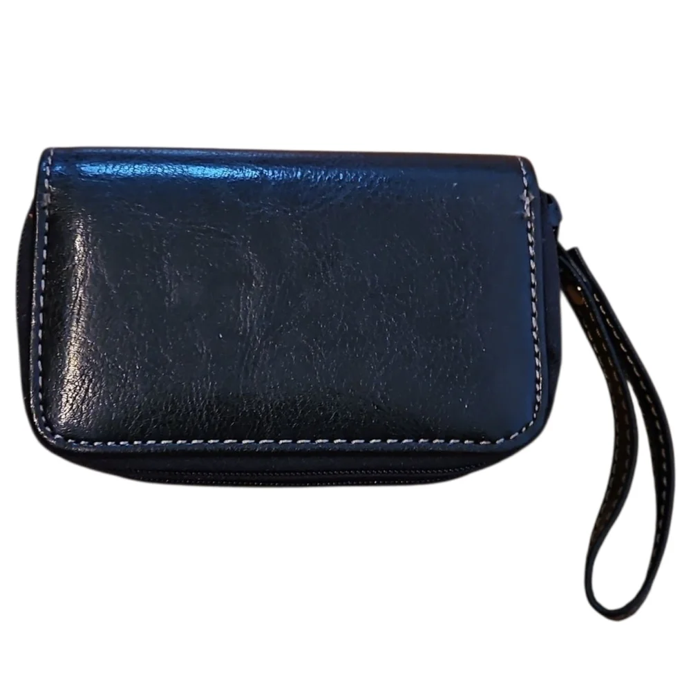 Black Two-zipper Accordion Style Wallet with Wrist Strap